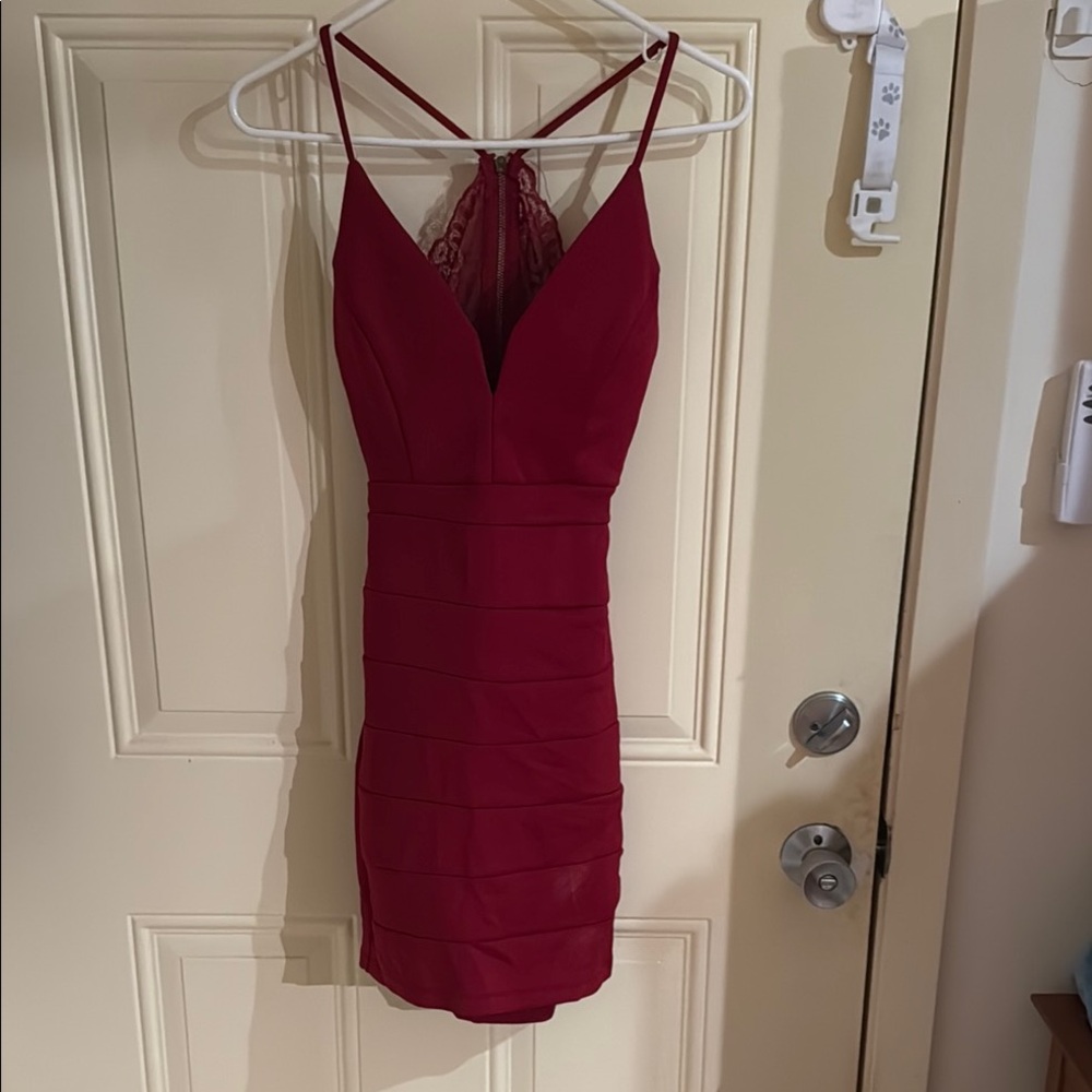 Red Bodycon Mini Dress with Spaghetti Straps and Keyhole lace back